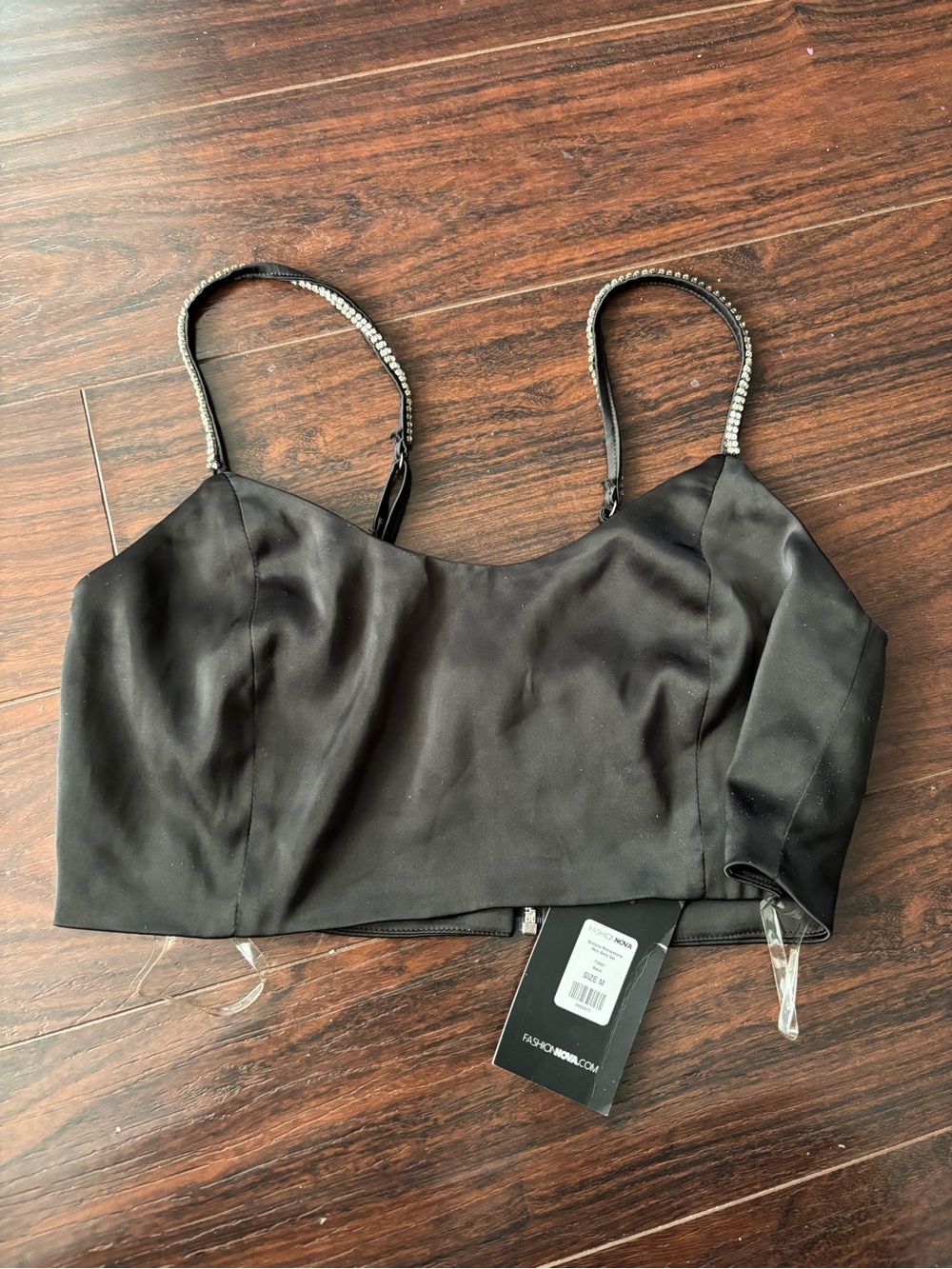 Fashion Nova Black Rhinestone Strap Crop Cami